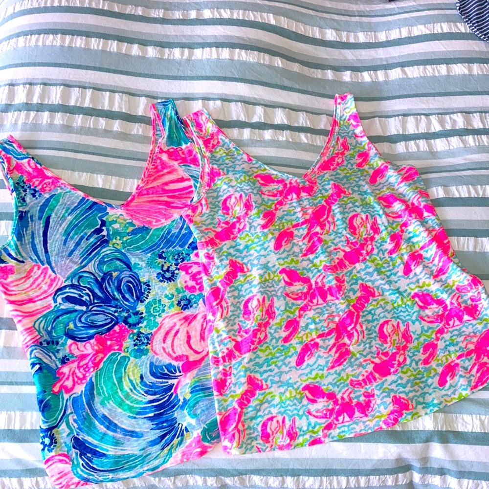 Bundle of TWO EUC Lilly Pulitzer cotton tanks - seascape and lobster prints